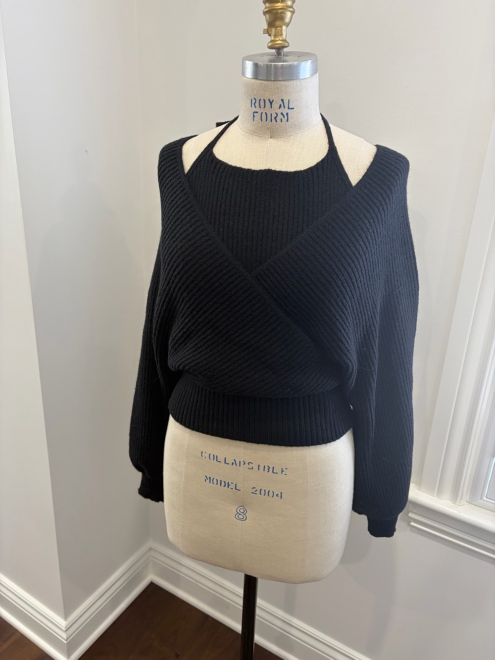 Commense Black Ribbed Wrap-Front Crew Sweater